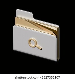 3D render of a metallic folder icon with a magnifying glass, featuring a minimalistic design with gold and silver elements, ideal for data management and business applications. 3D Illustration