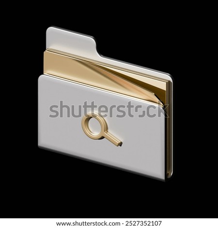 3D render of a metallic folder icon with a magnifying glass, featuring a minimalistic design with gold and silver elements, ideal for data management and business applications. 3D Illustration