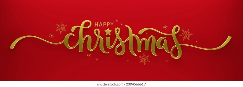 3D render of metallic gold HAPPY CHRISTMAS brush calligraphy banner on red background with gold snowflakes - Powered by Shutterstock