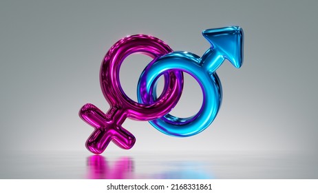 3d Render. Metallic Male And Female Gender Symbols Linked Together, Heterosexual Couple Clip Art Isolated On Silver Background. Shiny Glass Icon