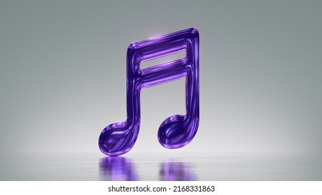 3d Render. Metallic Musical Notes Sound Symbol, Audio Clip Art Isolated On Silver Background. Violet Shiny Glass Icon