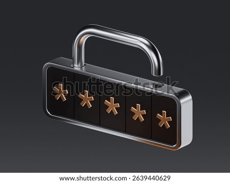 3D render of a metallic padlock with a password input interface, representing digital security and data protection. Concept of access control and encryption.
