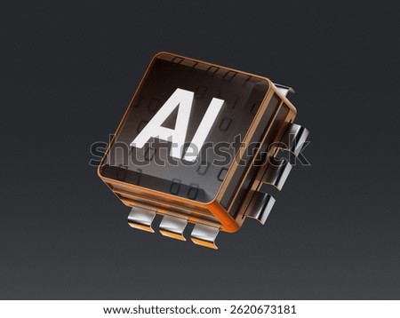 3D render of a microchip with glowing "AI" text, symbolizing artificial intelligence hardware and processing power.
