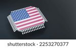  3d render of microchip or semiconductor chip with countries flag for supply chain concept.