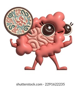 3d render Microscopic good bacterias, microflora, viruses in Intestine cartoon character. Volume illustration mascot design. Human intestine microflora with probiotics. Healthy Digestive tract