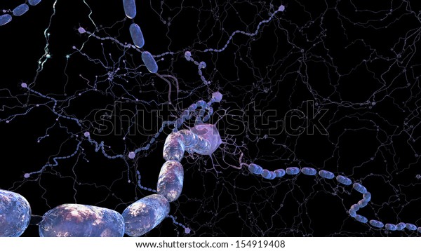 3D render of\
microscopic human nerve cells showing axon dendrites and myelin\
sheath on black\
background