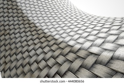 A 3D render of a microscopic view of a simple woven textile split into a dirty grubby half and a clean white comparison