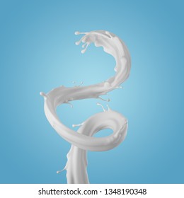 3d render, milk spiral splashing, liquid wave, white splash, paint, loops, curvy jet, isolated on blue background