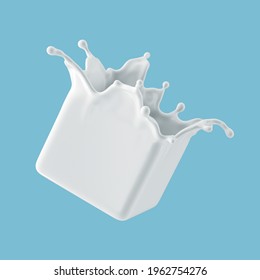 3d render, milk splash in the shape of a box illustration isolated on blue background. White paint splashing. Liquid cubic clip art