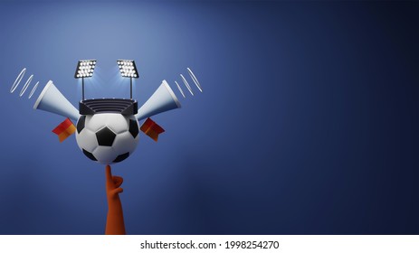 3D render of miniature football stadium on a football balancing by a human hand against blue background. - Powered by Shutterstock