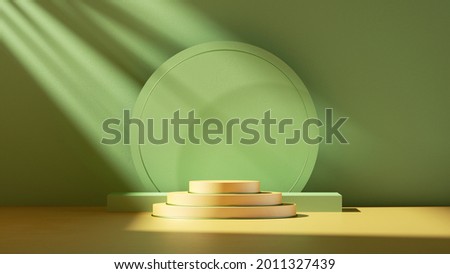 3d render. Minimal abstract geometric background with direct sunlight in shades of green and yellow. Showcase scene with round board and empty podium steps for product presentation