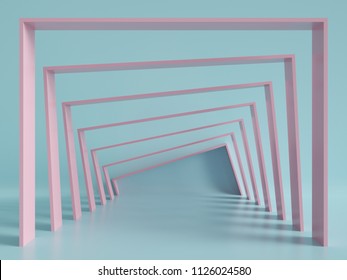 3d render, minimal fashion background, arch, tunnel, corridor, portal, perspective, pink mint pastel colors