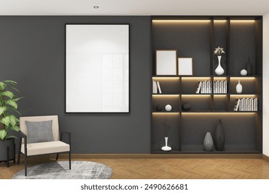 3d render of minimal interior design library, books shelves and frames mock up. Wood parquet floor, dark gray wall and white ceiling. Set 16 - Powered by Shutterstock