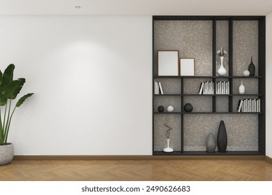 3d render of minimal interior design library, books shelves and wall mock up. Wood parquet floor, white wall and white ceiling. Set 18 - Powered by Shutterstock