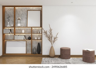 3d render of minimal interior design library, books shelves and frames mock up. Wood parquet floor, white wall and white ceiling. Set 11 - Powered by Shutterstock