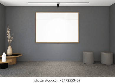 3d render of minimal interior design exhibition room with frames mockup. Gray carpet floor, dark gray wall and white ceiling. Set 19