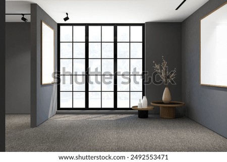 3d render of minimal interior design exhibition room with frames mockup. Gray carpet floor, dark gray wall and white ceiling. Set 13