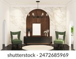 3d render of minimal interior foyer mock up with armchairs, credenza and frames mock up. Arched gates wall element. Black marble floor, white marble, stripe wood wall, white ceiling. Set 17