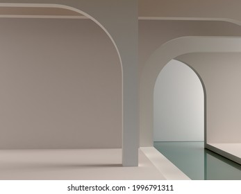 3d render. Minimal interior scene to show beauty products. Empty scene with minimalistic shapes, arches in the background, and water, minimalistic geometrical forms. Pastel colors. 