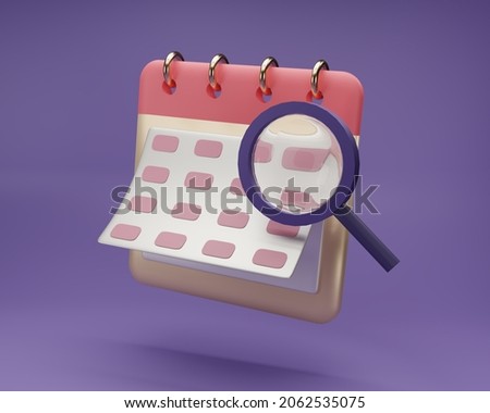 3D render minimal pink note icons with magnifying glass isolate on purple background. Blank paper calendar with search icons.  calendar date icon . 3D rendering