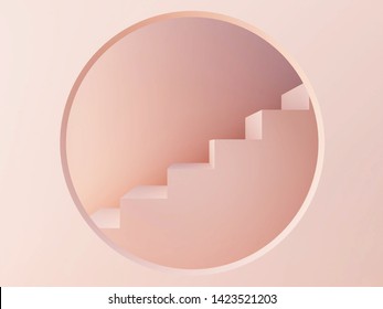 3d Render. Minimal Scene In Pastel Colors. Abstract Background With Stairs And Circle. Empty Scene. Cream Pastel Colors. Beautiful Background To Show Cosmetic Products. 