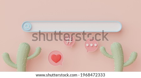 3d render of minimal searching menu bar or blank banner magnifying with copy space on pastel earth tone background. Scene for mock up and presentation decorate with cute cactus and comment sign.