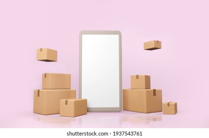 3d render minimal style smartphone and parcel on pink background. Shipping is easy. with a mobile app. Fast box delivery service. Brown packaging laid on the floor. Design for illustration, banner,web