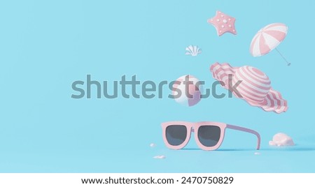 3D render minimal Summer element including with sunglasses, beach ball, hat, and umbrella floating on blue background, summer vacation holidays trip concept, cute icon decoration.