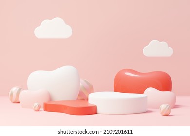 3d Render Minimal Sweet Scene With Display Podium For Mock Up And Product Brand Presentation. Pink Pedestal Stand For Valentine's Day's Theme. Cute Lovely Heart Background. Love Day's Design Style.