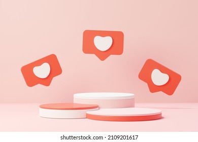 3d render minimal sweet scene with display podium for mock up and product brand presentation. Pink Pedestal stand for Valentine's Day's theme. Cute lovely heart background. Love day's design style.