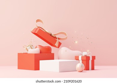 3d render minimal sweet scene with display podium for mock up and product brand presentation. Pink Pedestal stand for Valentine's Day's theme. Cute lovely heart background. Love day's design style. - Powered by Shutterstock