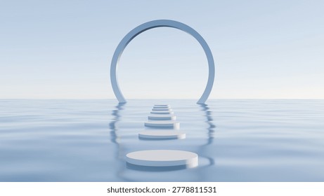 3D render of minimalist podium path on water with a large circular arch under a clear blue sky