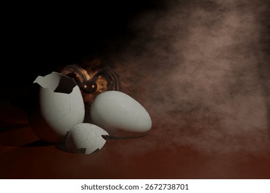 3d render of mist and spider like creature with broken eggshell