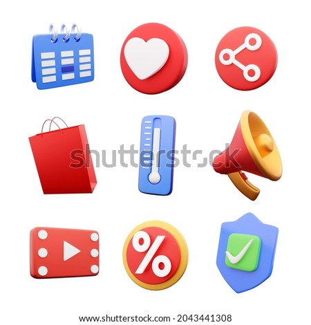 3d render mix icon set on white background. Multicolor 3d render icons set.