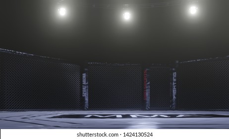 A 3d Render Of MMA Arena Fight Cage Under Floodlights.