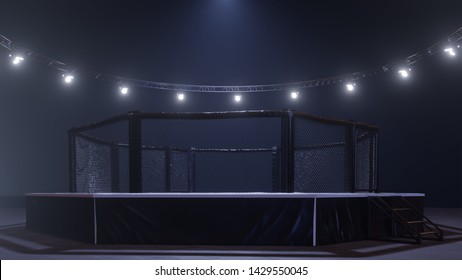 A 3d render of MMA arena fight cage under floodlights