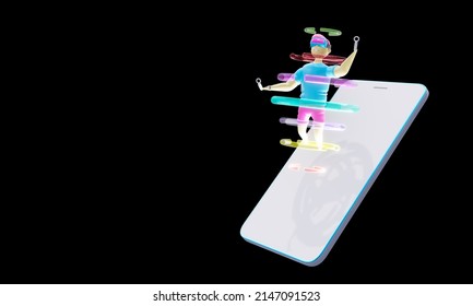 3d render. Mobile application for virtual reality. a character in VR glasses and with controllers flies out of the phone screen