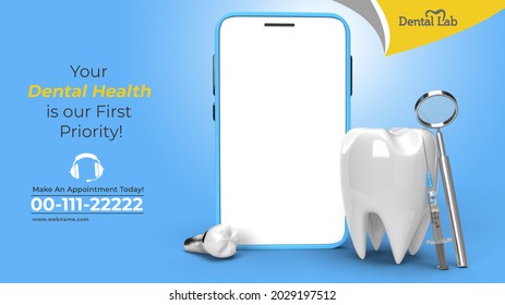 3D Render Mobile Mockup With Dental Implants Surgery Concept Horizontal Banner Template.