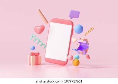 3D Render Mobile Phone With Blank Screen And Floating Gift, Heart, Ribbon And Geometric Shapes On Pink Background 