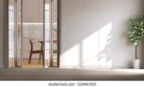 3d render mock up of beautiful apartment an open folding door of kitchen and dining room, morning sunlight and window frame shadow on blank empty wall. Fiddle leaf fig tree in a pot. Background, Home 