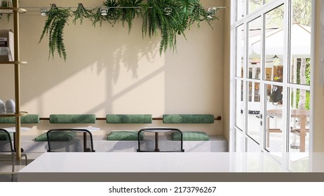 3D Render Mock Up Empty Blank Space On A Cashier Counter In A Stylish Coffee Shop Entrance. Morning Sunlight, Backdrop, Urban Lifestyle, Background, Green, Decor Hanging Plants, Tables And Seats.