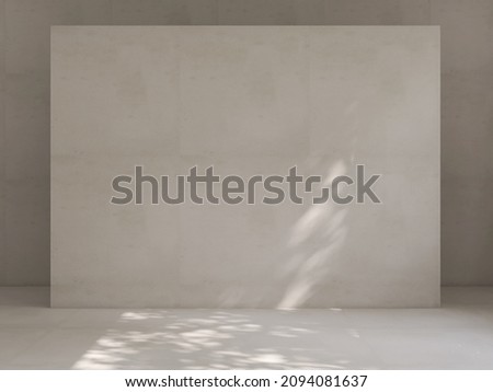 3D render mock up product background, a rough cement wall in concrete room with sunlight and leaves shadow. Flooring, Template, Backdrop, Space, Blank, Empty, Gray, Modern, Grunge.