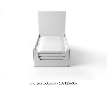 3d Render Of Mockup Display Holder Box Cardboard Filled With Chocolate, Protein Bar. Mock Up, Template. Products On White Background Isolated. Ready For Your Design. 