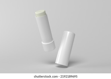 3d render mockup flying empty white packing chapstick or lip balm