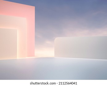 3d Render, Mockup Geometry Wall With Sky And Shadow Background. Outdoor Product Presentation, Mock-up, A Scene Showing Cosmetic Products, Podium, Stage, Pedestal, Or Platform. Simple Clean Design.