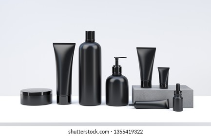 3d render mockup of men's cosmetic bundle for skin hair care. Black plastic bottles and tubes with black caps in row on white backdrop. Branding identity template.