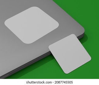 3d Render Of A Mockup Of A Square Sticker On A Laptop Plus Square Business Card On A Green Chromakey Background For Easy Background Color Change