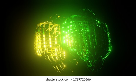 3D Render Model Colorful Glow Abstract Wireframe Distorted Cubes in Black Background