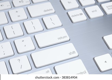 3D render of a modern aluminum computer keyboard detail.
