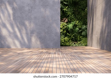 3D render of a modern architectural space with concrete panel walls and wooden deck, featuring a lush vertical garden filled with tropical foliage, blending industrial design with natural serenity.